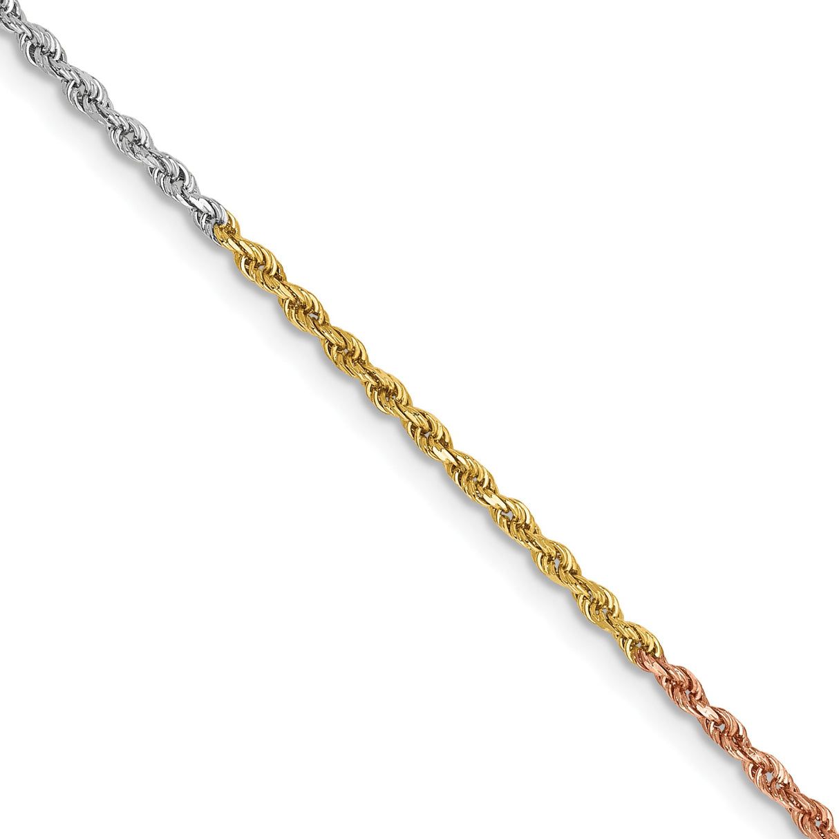 14K Tri-color Gold 1.5 mm Rope Chain Necklace, Polished detail view