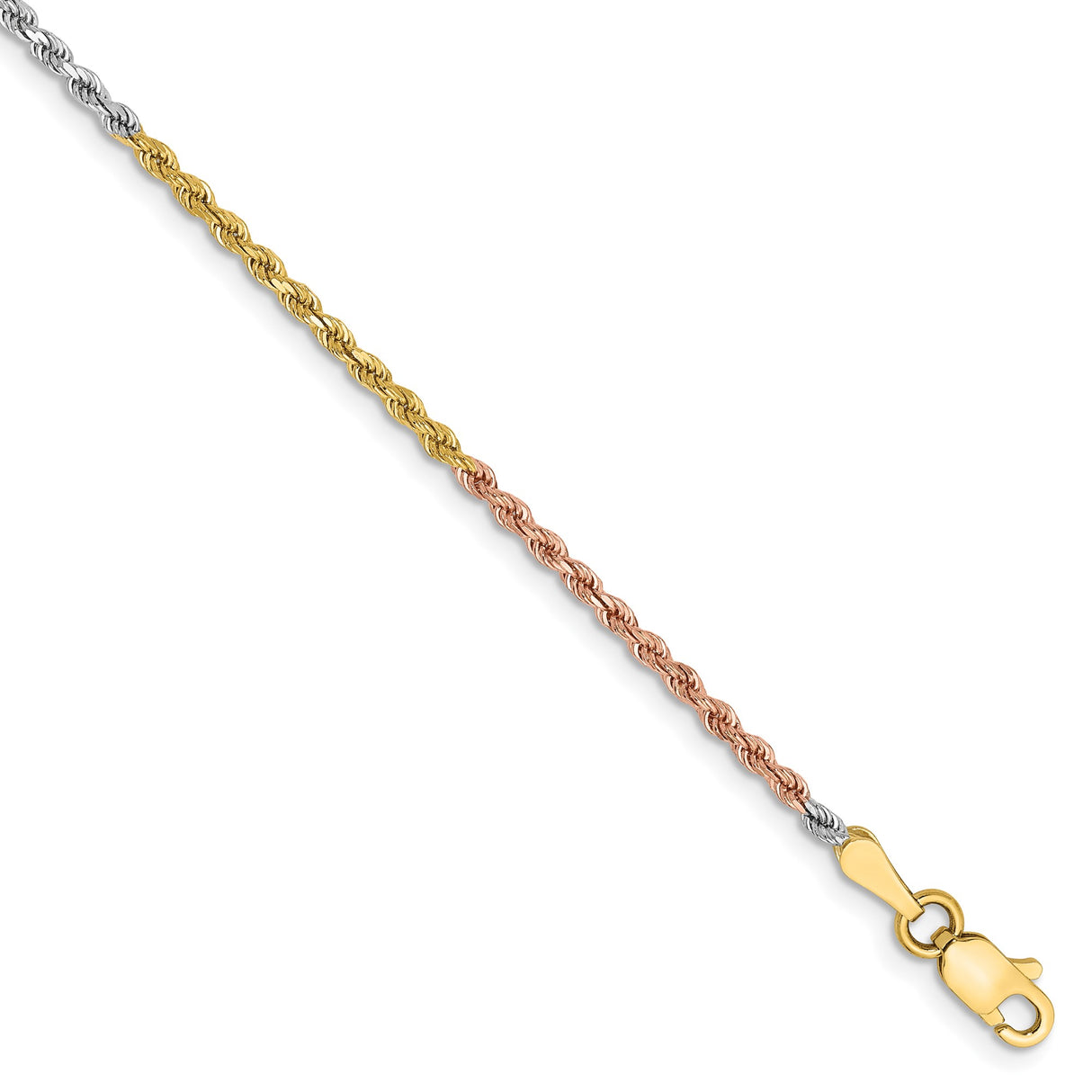 14K Tri-color Gold 1.75 mm Rope Chain Anklet, Polished