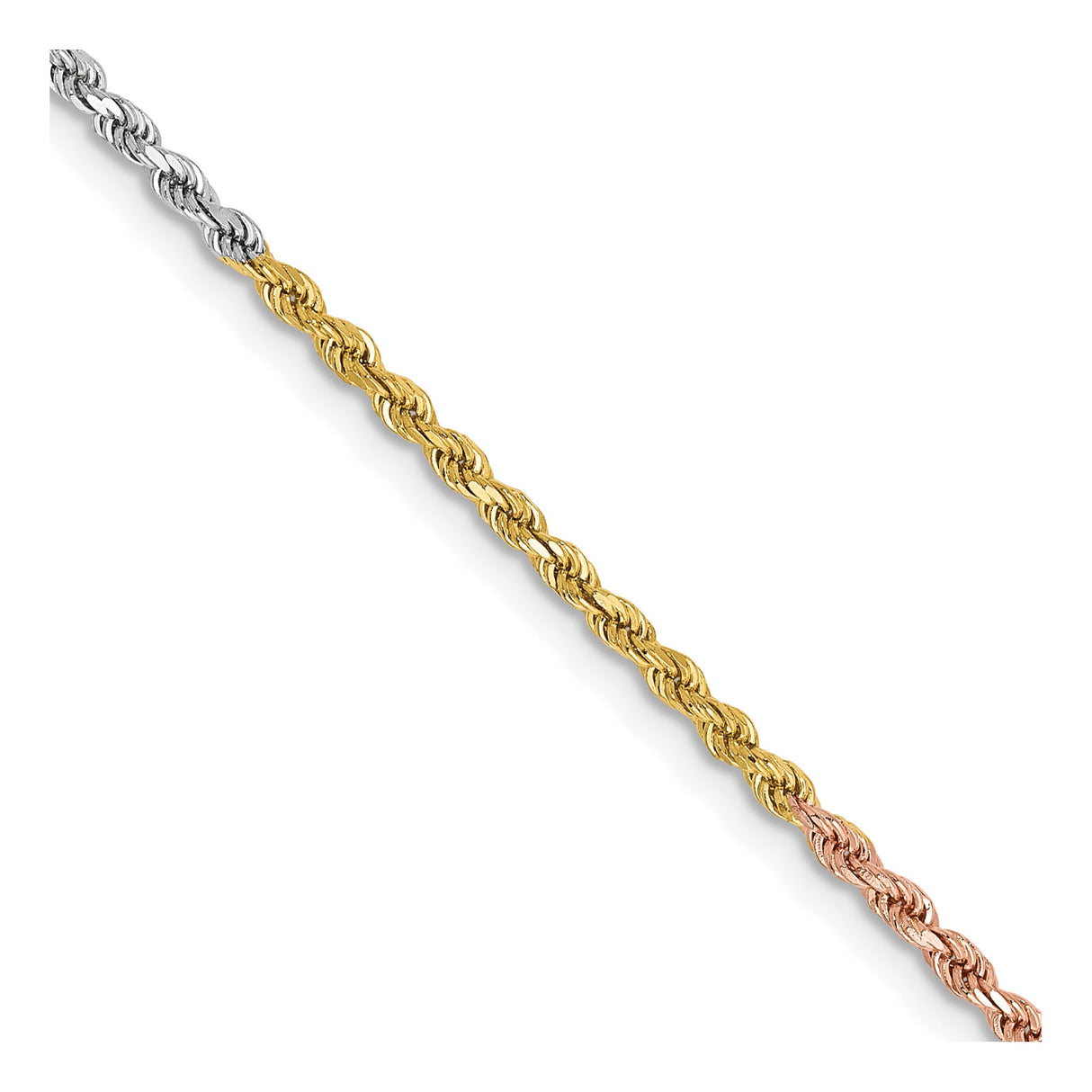 14K Tri-color Gold 1.75 mm Rope Chain Necklace, Polished detail view