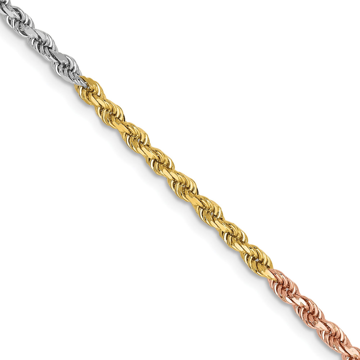 14K Tri-color Gold 2.5 mm Rope Chain Necklace, Polished detail view