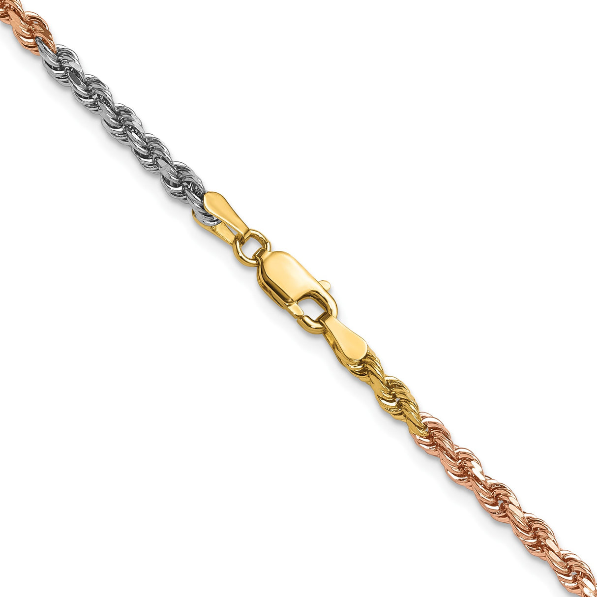 14K Tri-color Gold 3 mm Rope Chain Necklace, Polished alternate angle