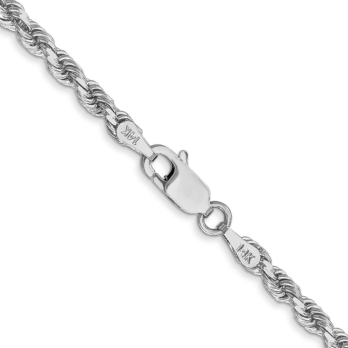 10K White Gold 3 mm Rope Chain Necklace, Polished alternate angle