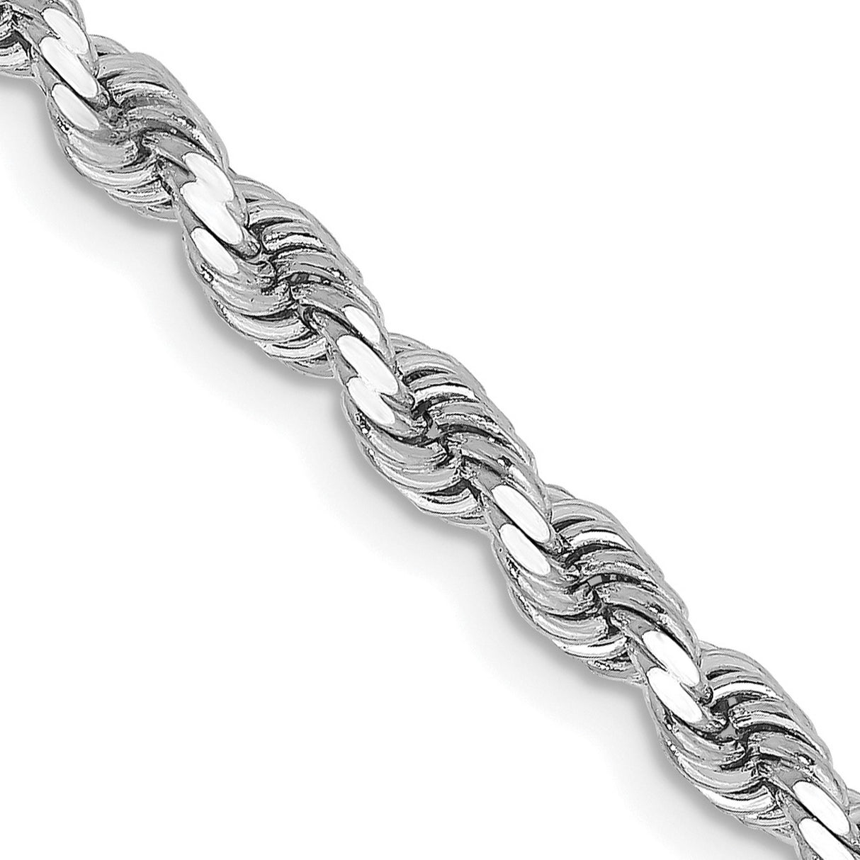 10K White Gold 3.25 mm Rope Chain Necklace, Polished detail view