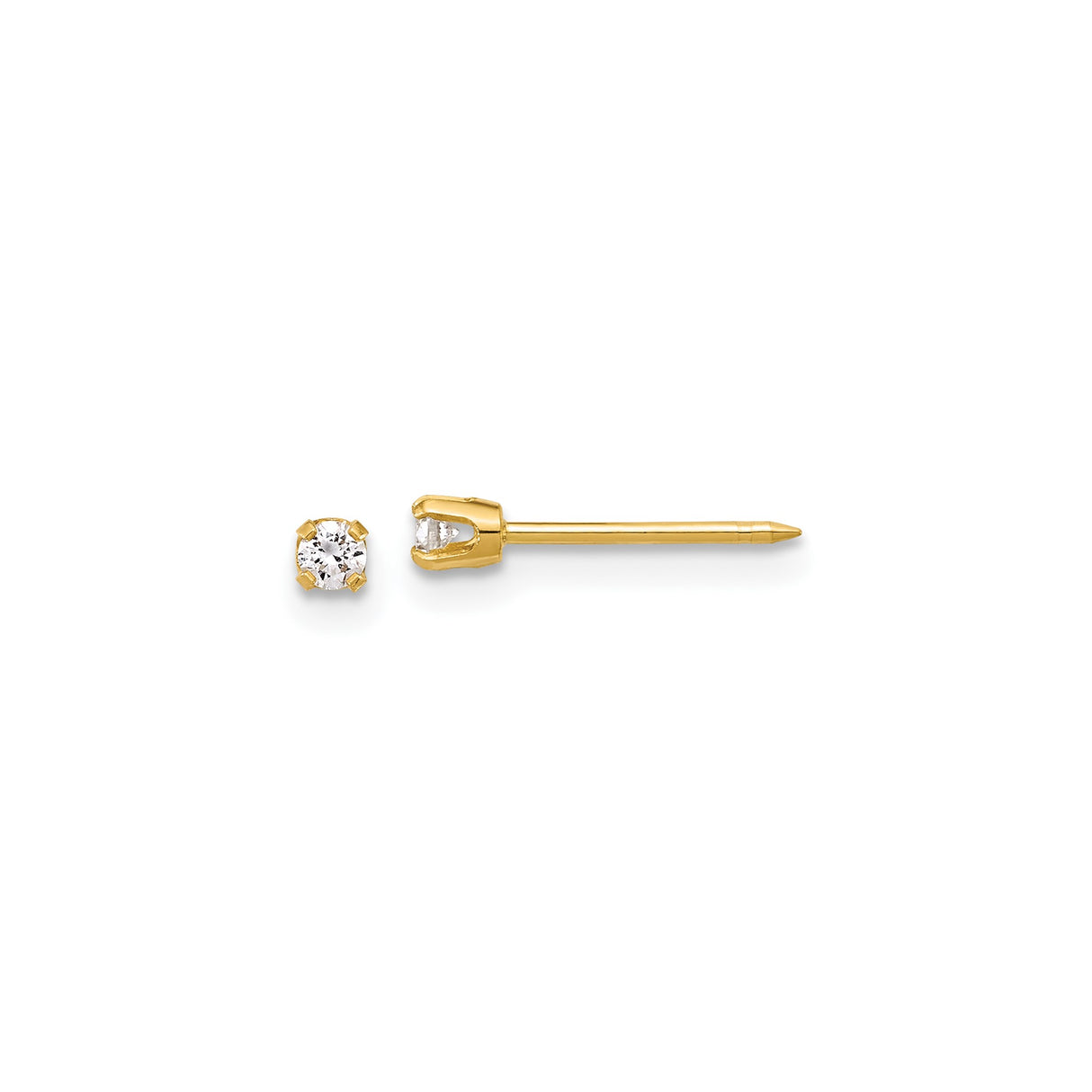 14k Yellow Gold Stud Earrings with Round White Gemstone in Four Prong Solitaire Setting
