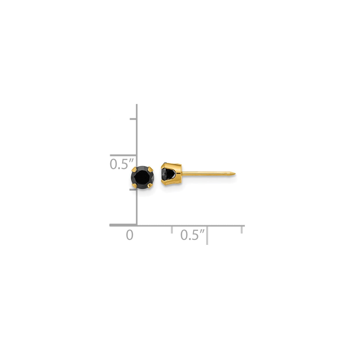 14k Yellow Gold Stud Earrings with Round Black Cubic Zirconia, Unisex Minimalist Style