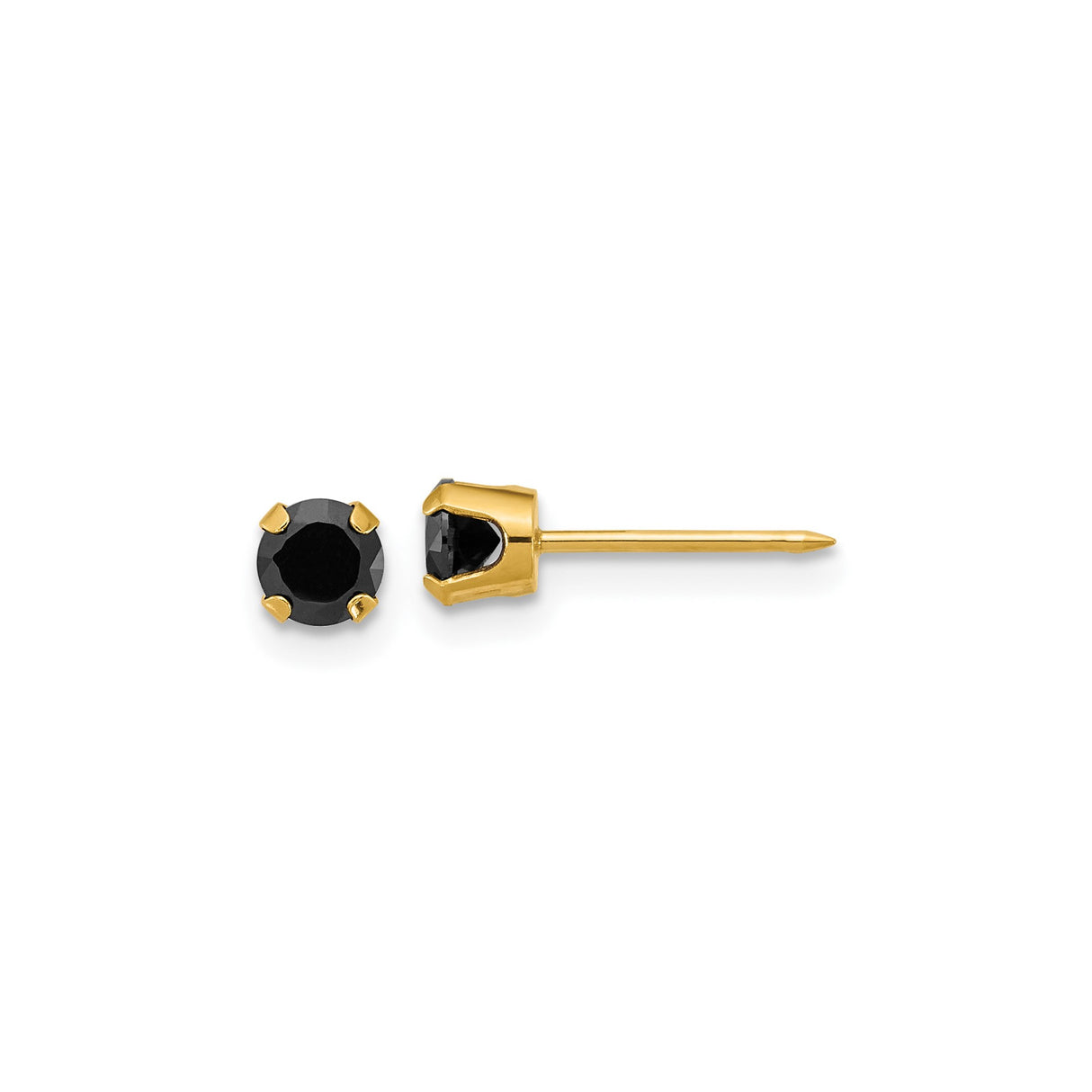 14k Yellow Gold Stud Earrings with Round Black Cubic Zirconia, Unisex Minimalist Style
