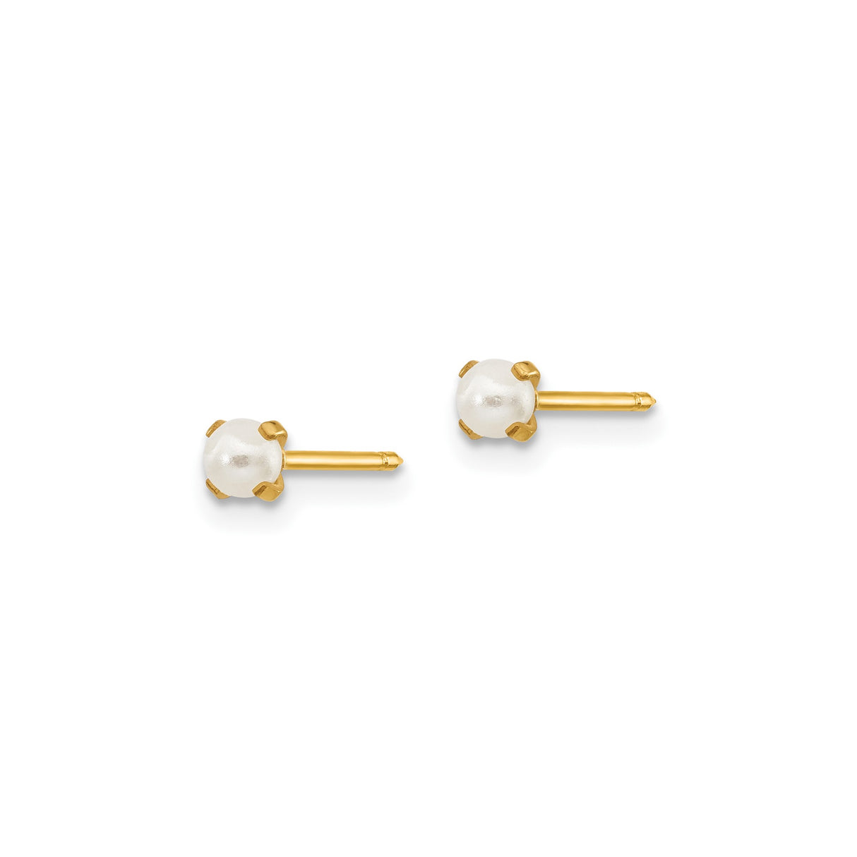 14k Yellow Gold Pearl Stud Earrings with Round White Cultured Pearls, Classic Four-Prong Setting
