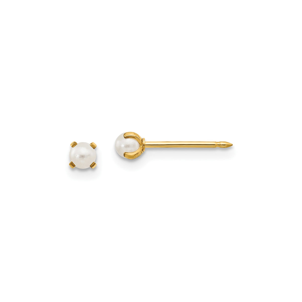 14k Yellow Gold Pearl Stud Earrings with Round White Cultured Pearls, Classic Four-Prong Setting