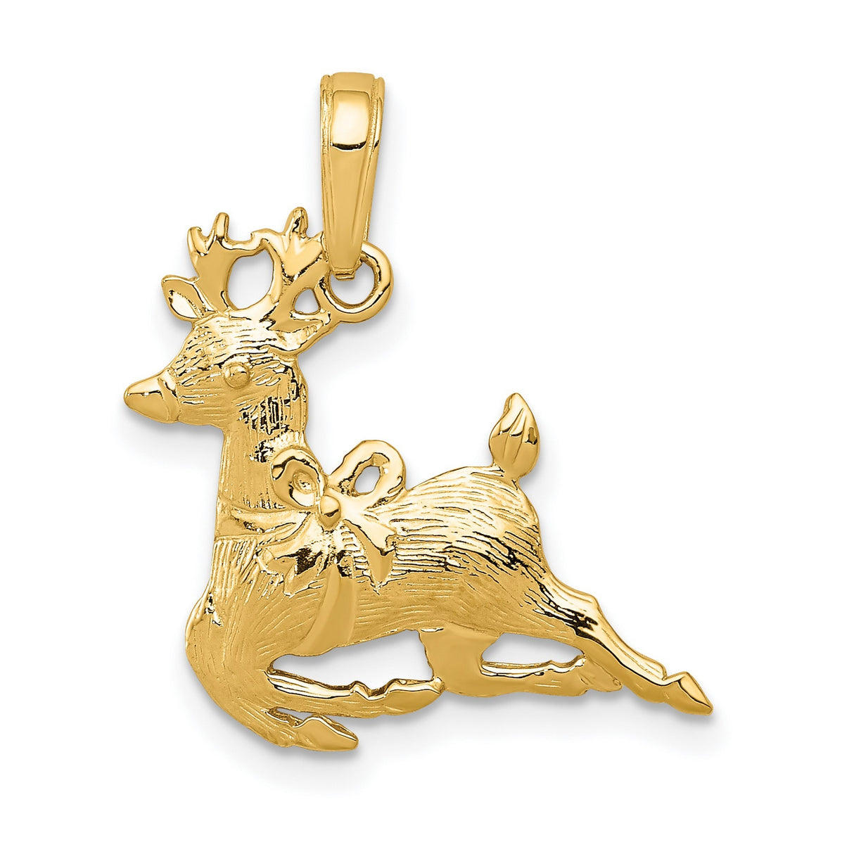 10k Yellow Gold Reindeer Pendant with Festive Bow, Holiday Deer Charm Jewelry