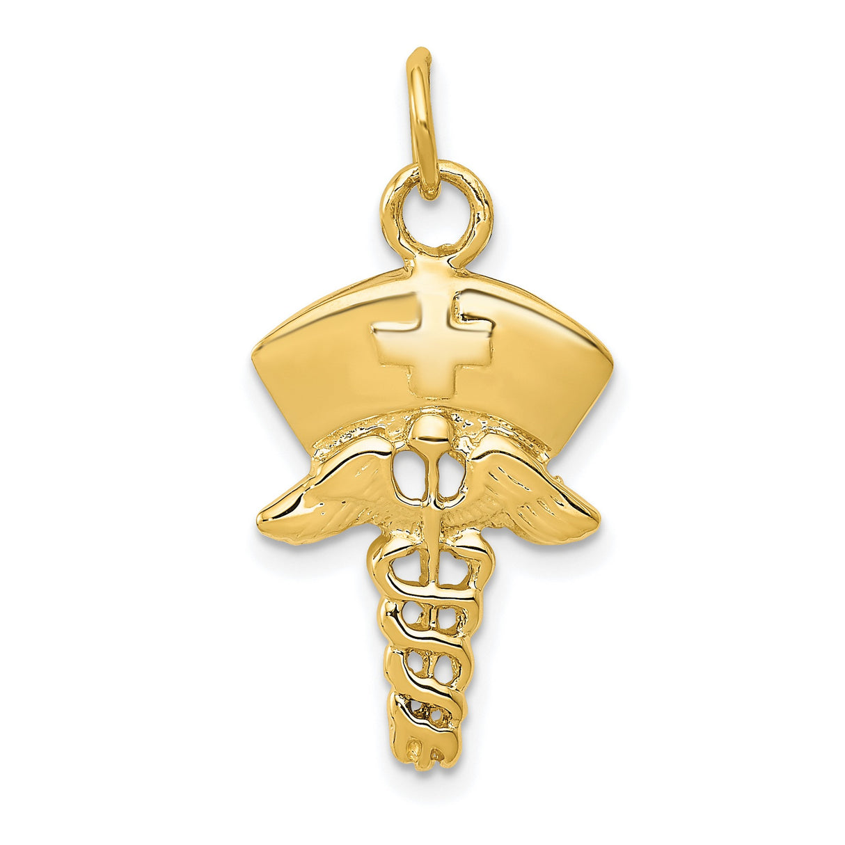10k Yellow Gold Nurse Hat Pendant with Caduceus Symbol and Medical Cross
