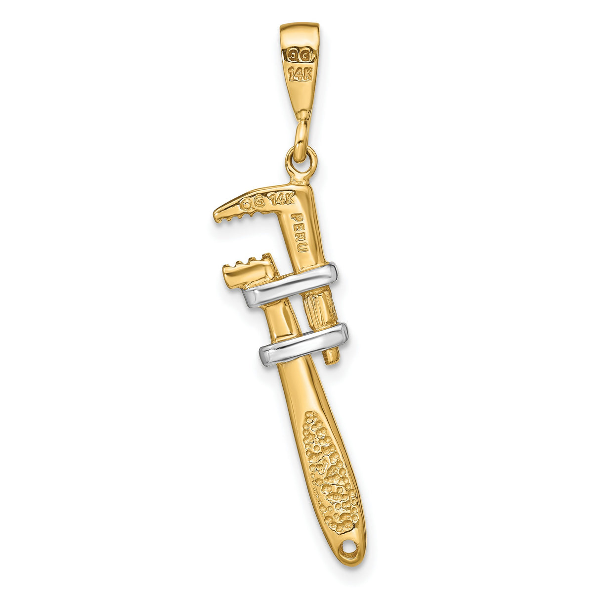 10k Multi-Tone Gold Pipe Wrench Pendant with Rhodium Accents, Tool Symbol for Skilled Tradesmen