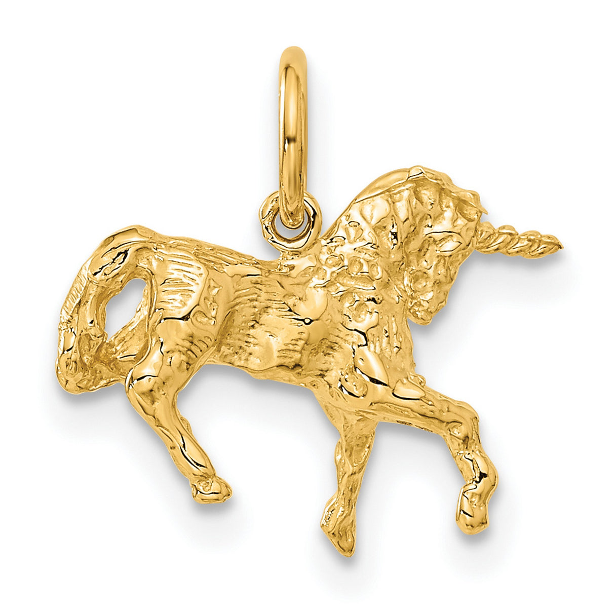 10k Yellow Gold Unicorn Pendant with Twisted Horn, Prancing Mythical Creature Charm for Women and Girls