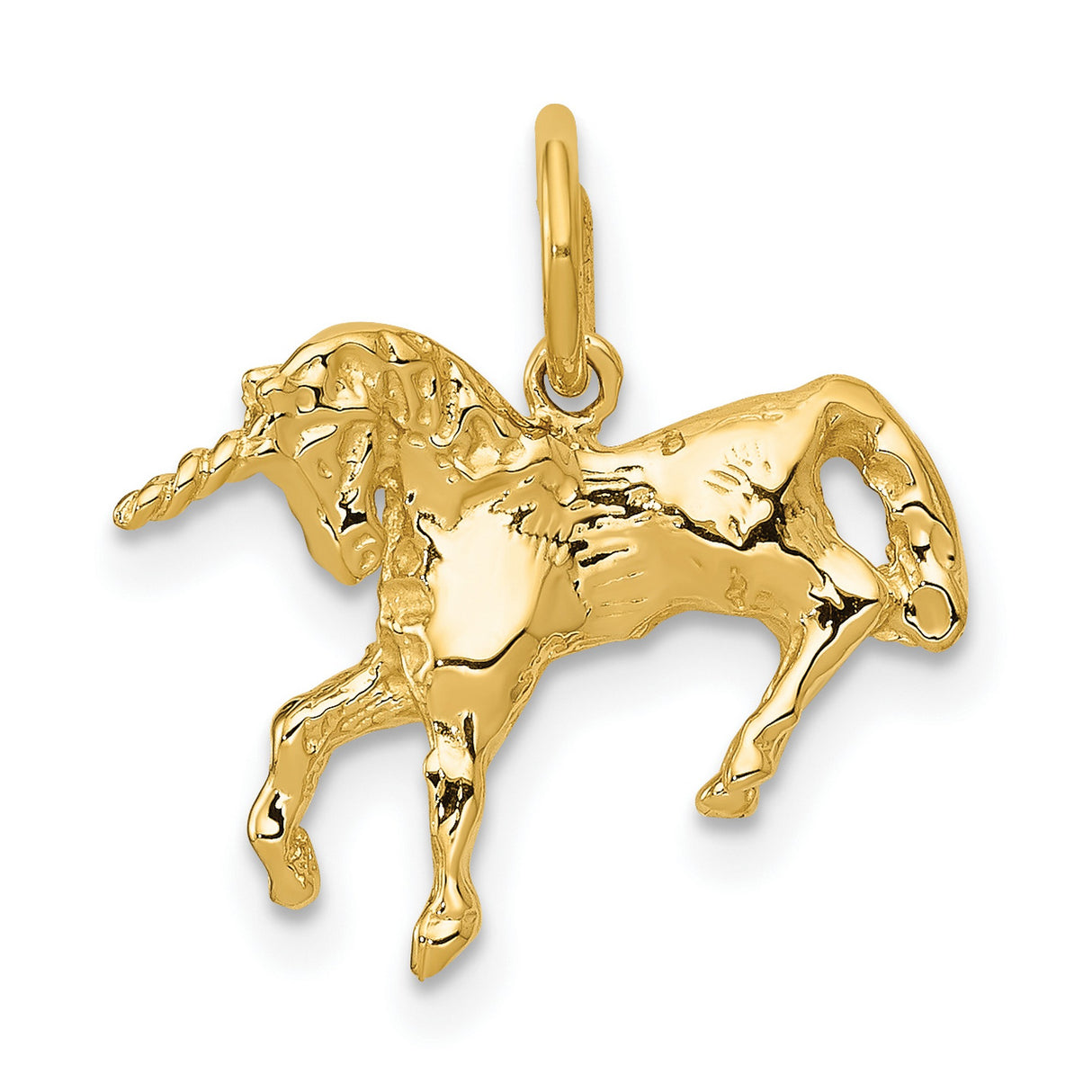 10k Yellow Gold Unicorn Pendant with Twisted Horn, Prancing Mythical Creature Charm for Women and Girls