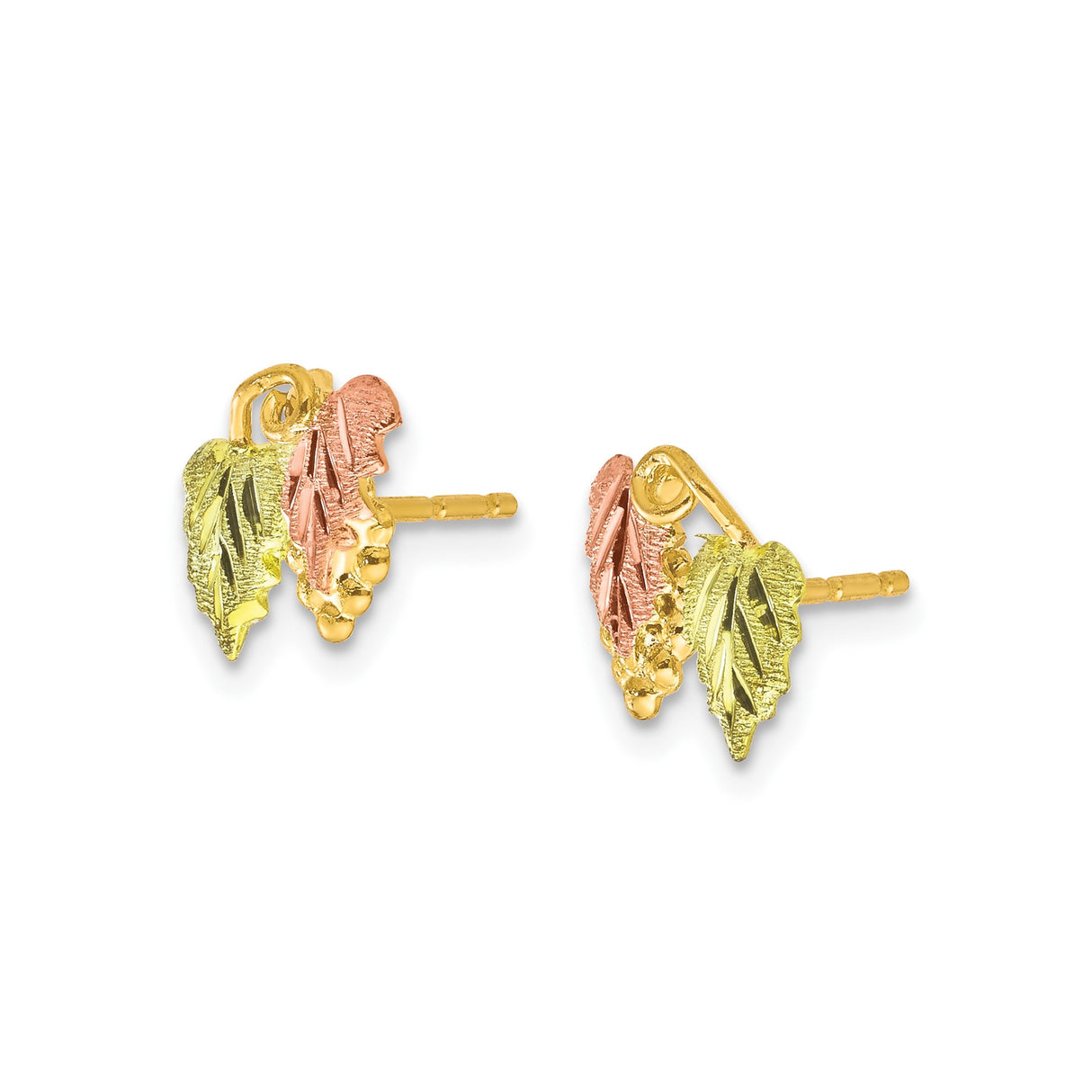 10k Yellow Gold Stud Earrings, Tri-Color Grape Leaf Design, Nature Inspired for Women