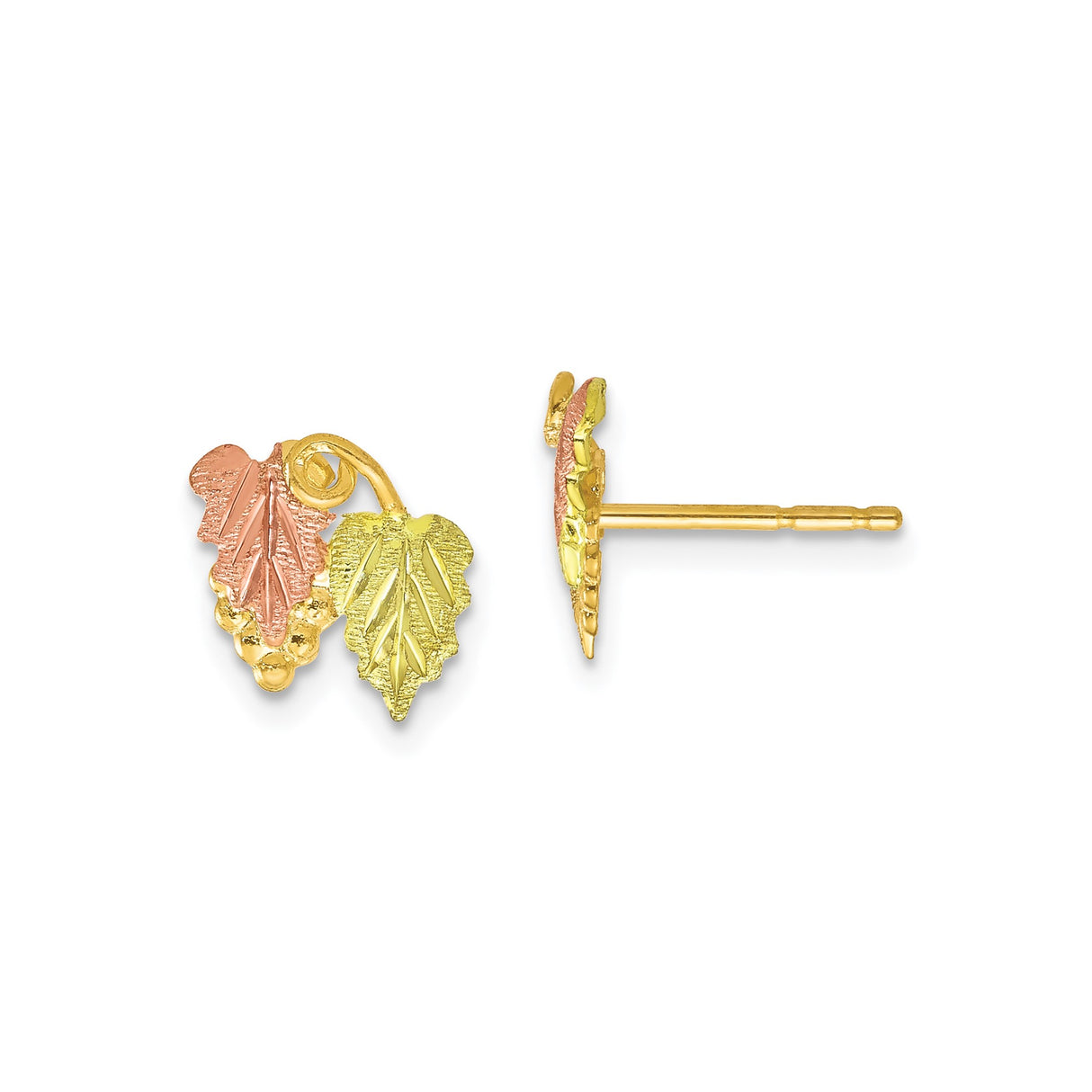 10k Yellow Gold Stud Earrings, Tri-Color Grape Leaf Design, Nature Inspired for Women
