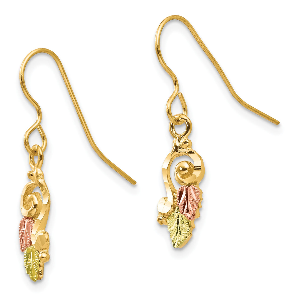 10k Tri-Color Gold Dangle Earrings, Treble Clef Music Symbol with Leaf Accents, Nature-Inspired Design