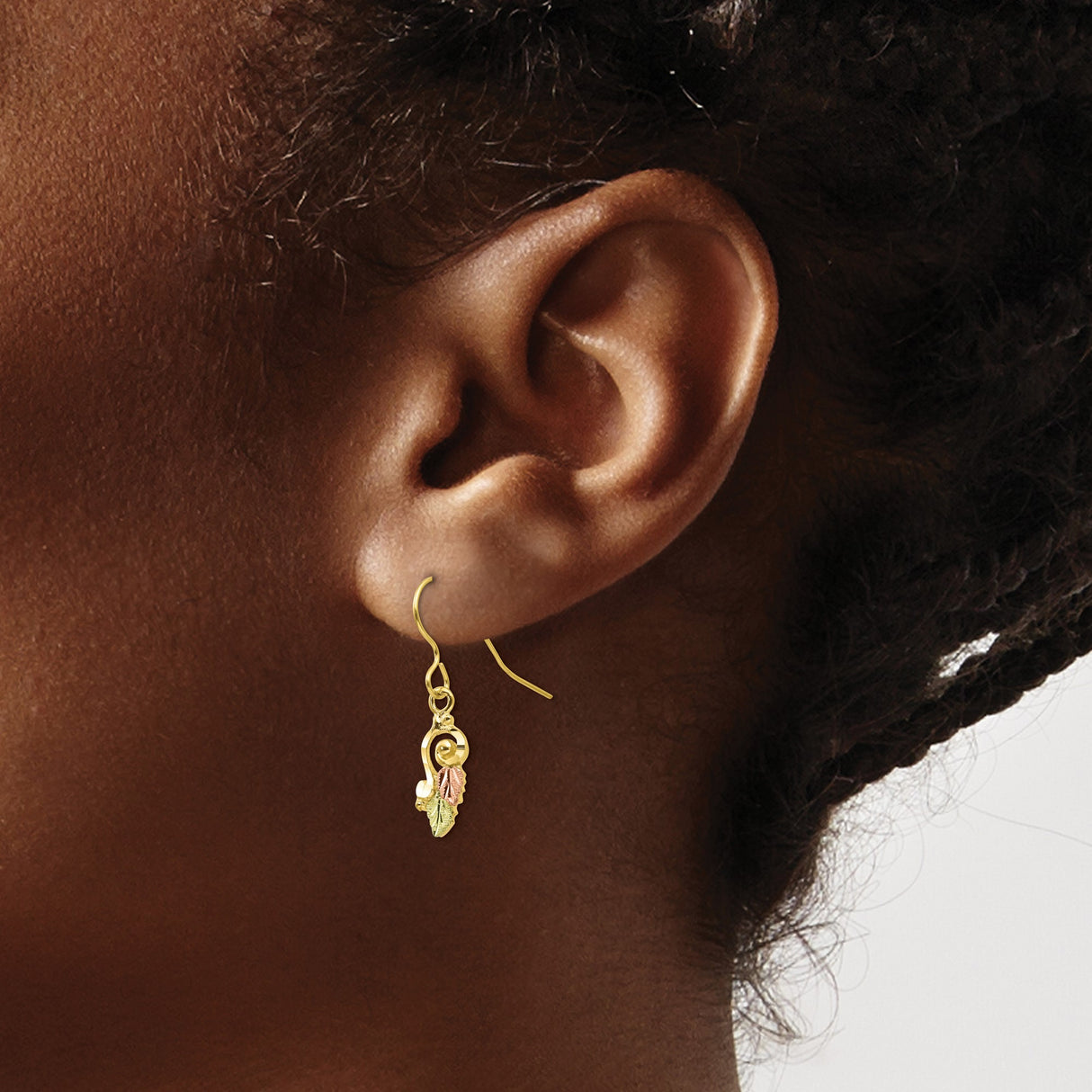 10k Tri-Color Gold Dangle Earrings, Treble Clef Music Symbol with Leaf Accents, Nature-Inspired Design