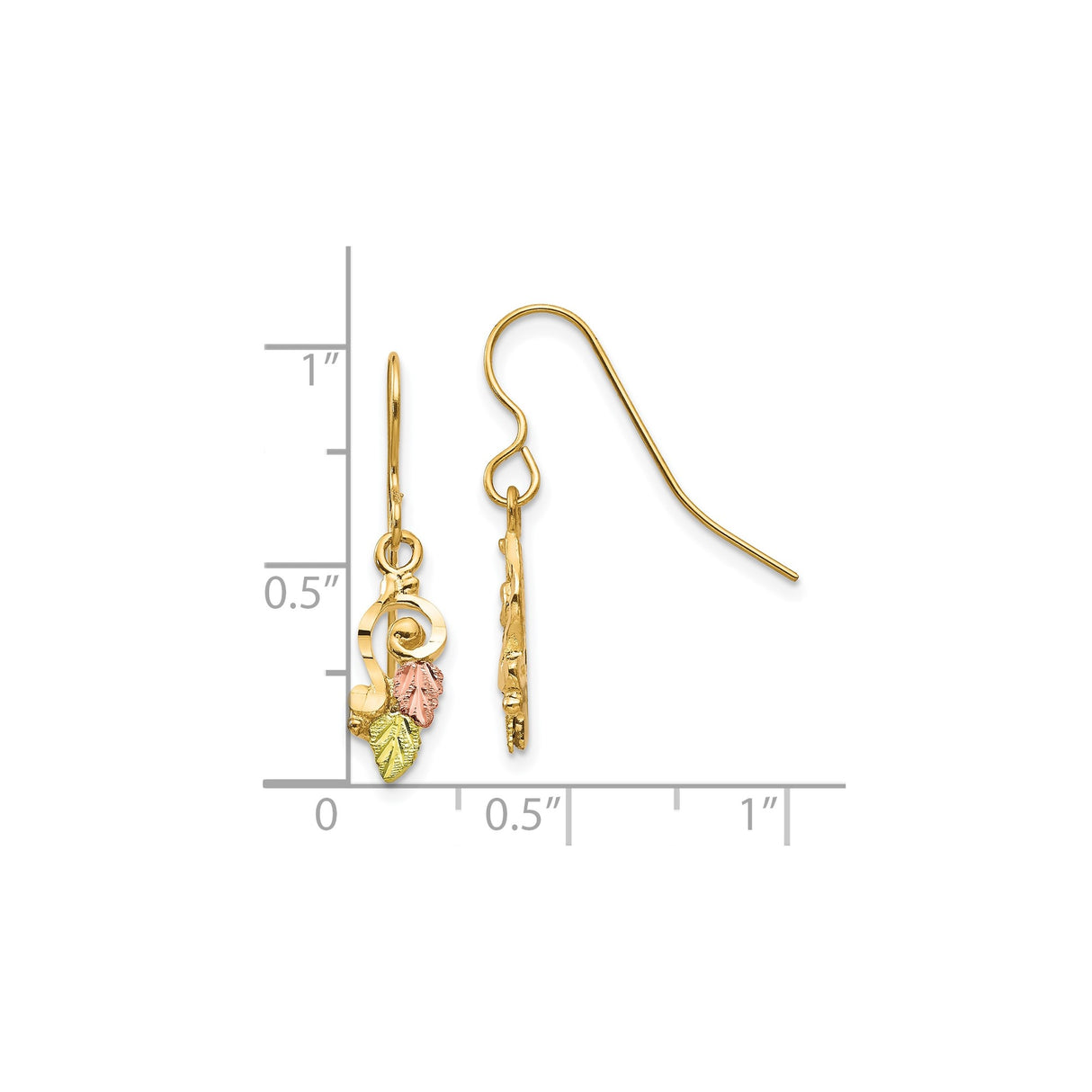 10k Tri-Color Gold Dangle Earrings, Treble Clef Music Symbol with Leaf Accents, Nature-Inspired Design