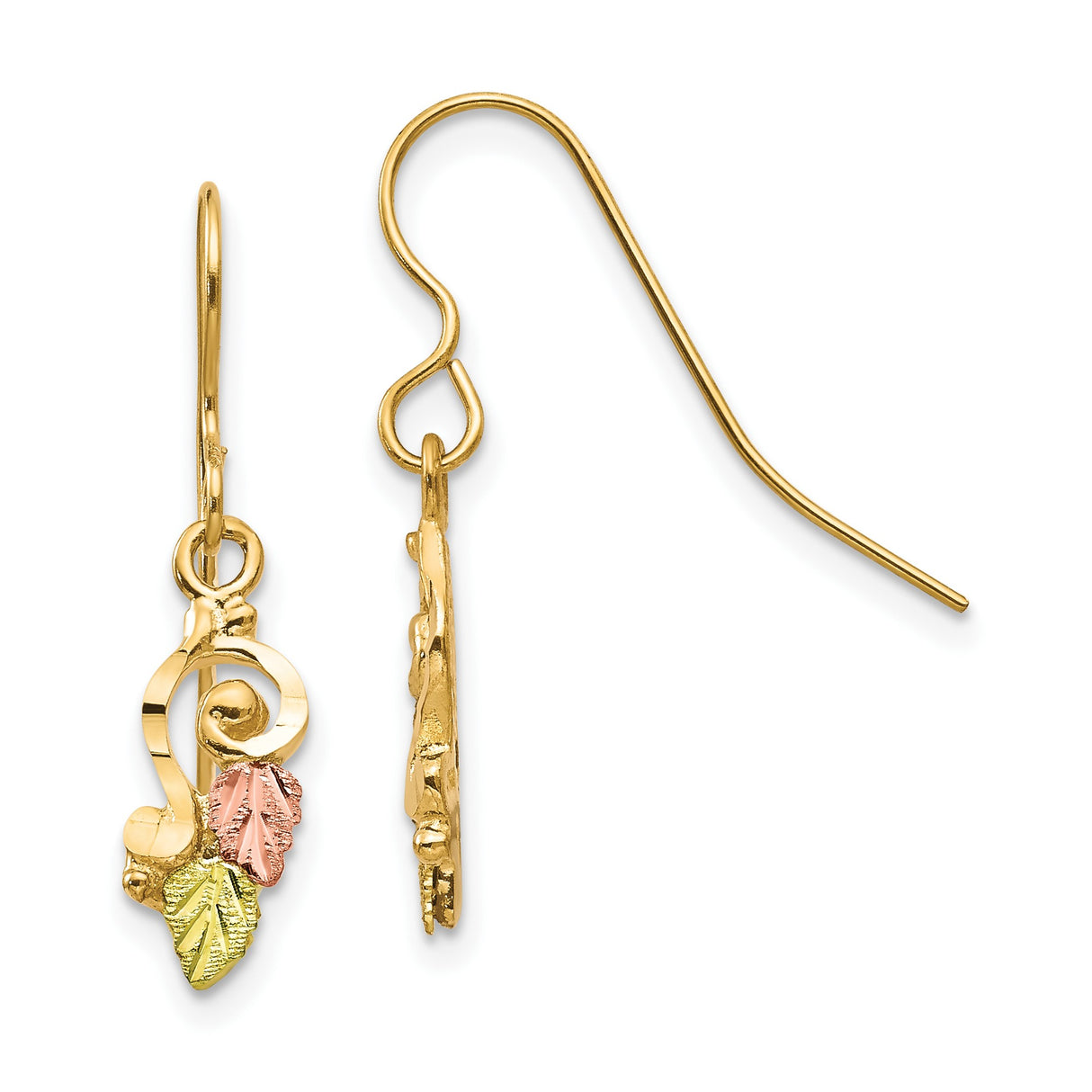 10k Tri-Color Gold Dangle Earrings, Treble Clef Music Symbol with Leaf Accents, Nature-Inspired Design