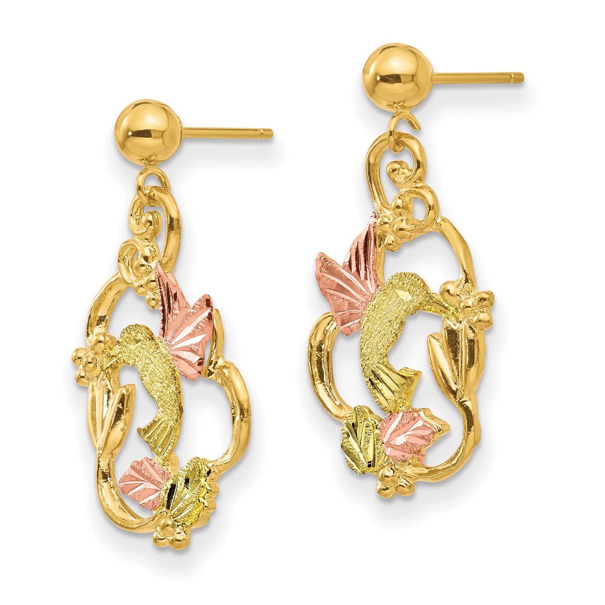 10k Tri-Color Gold Dangle Earrings with Hummingbird and Floral Motif for Women