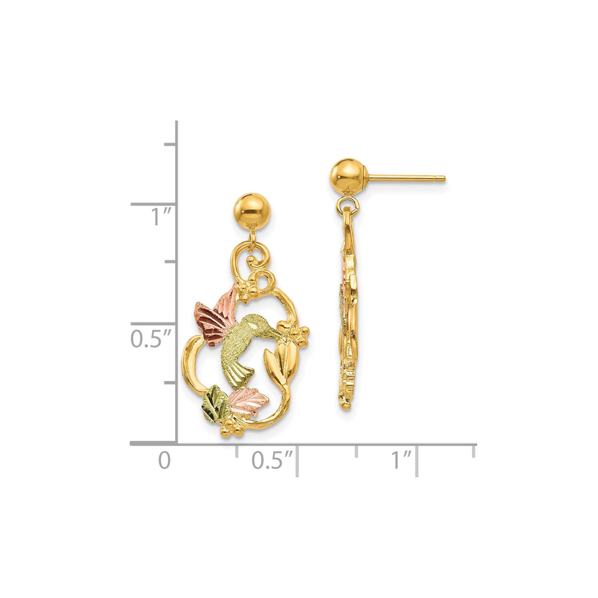 10k Tri-Color Gold Dangle Earrings with Hummingbird and Floral Motif for Women