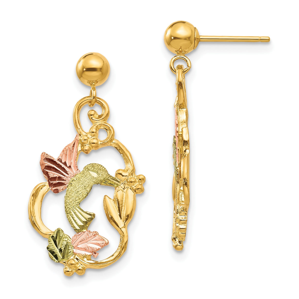 10k Tri-Color Gold Dangle Earrings with Hummingbird and Floral Motif for Women
