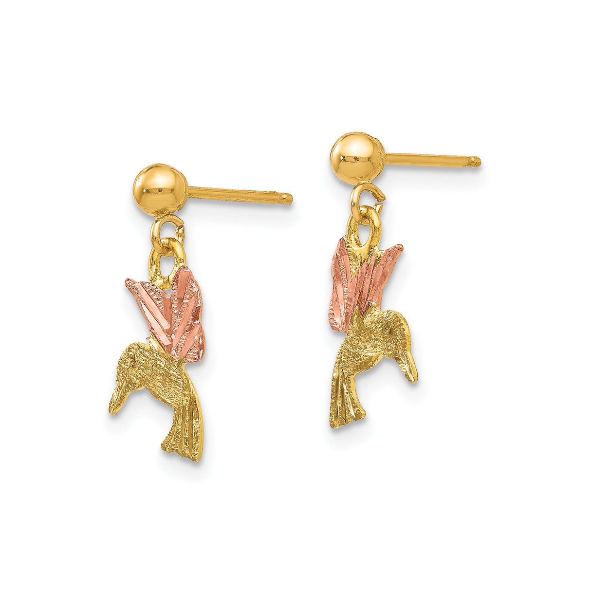10k Yellow Gold Hummingbird Stud Earrings, Two-Tone with Rose Accents, Nature Inspired Design