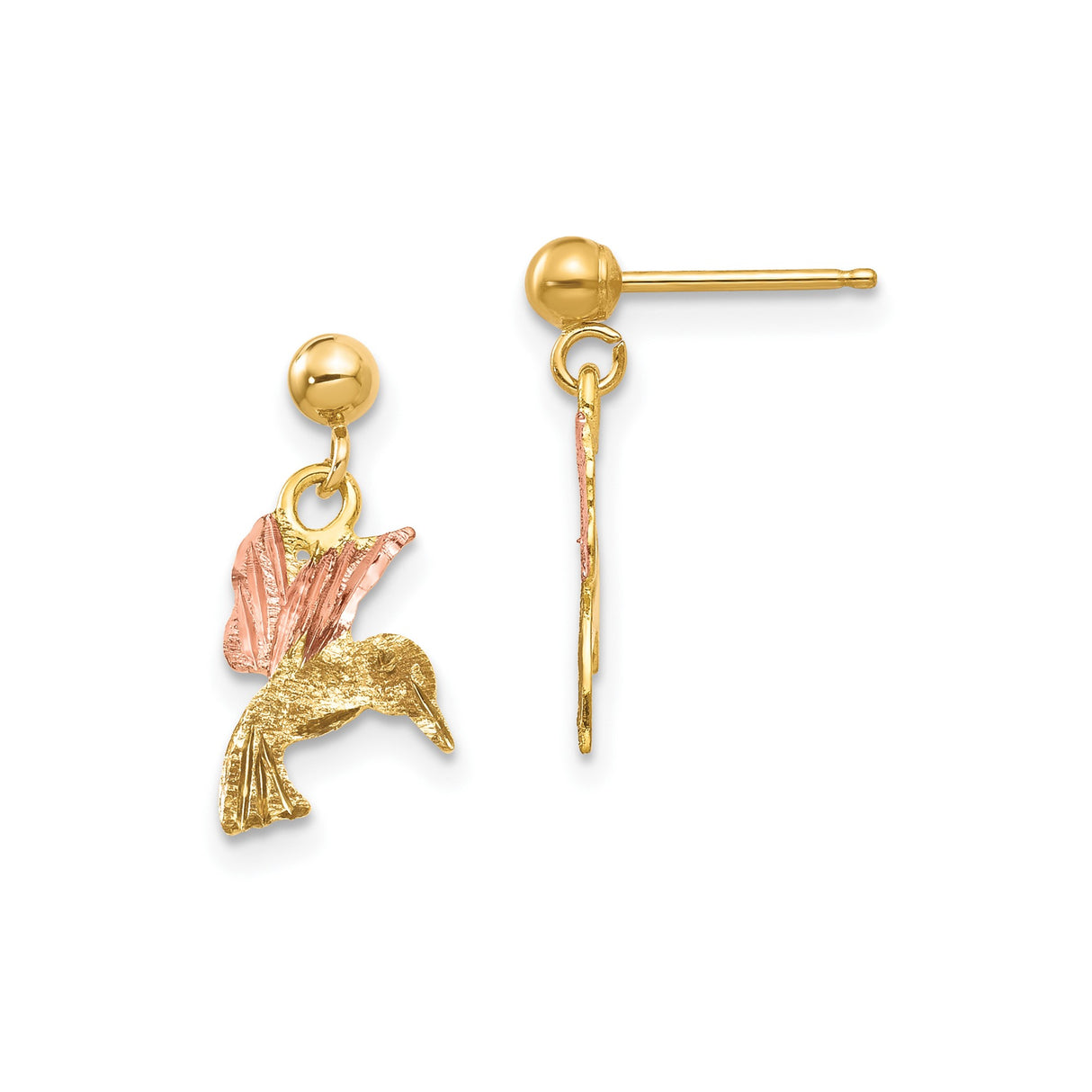 10k Yellow Gold Hummingbird Stud Earrings, Two-Tone with Rose Accents, Nature Inspired Design
