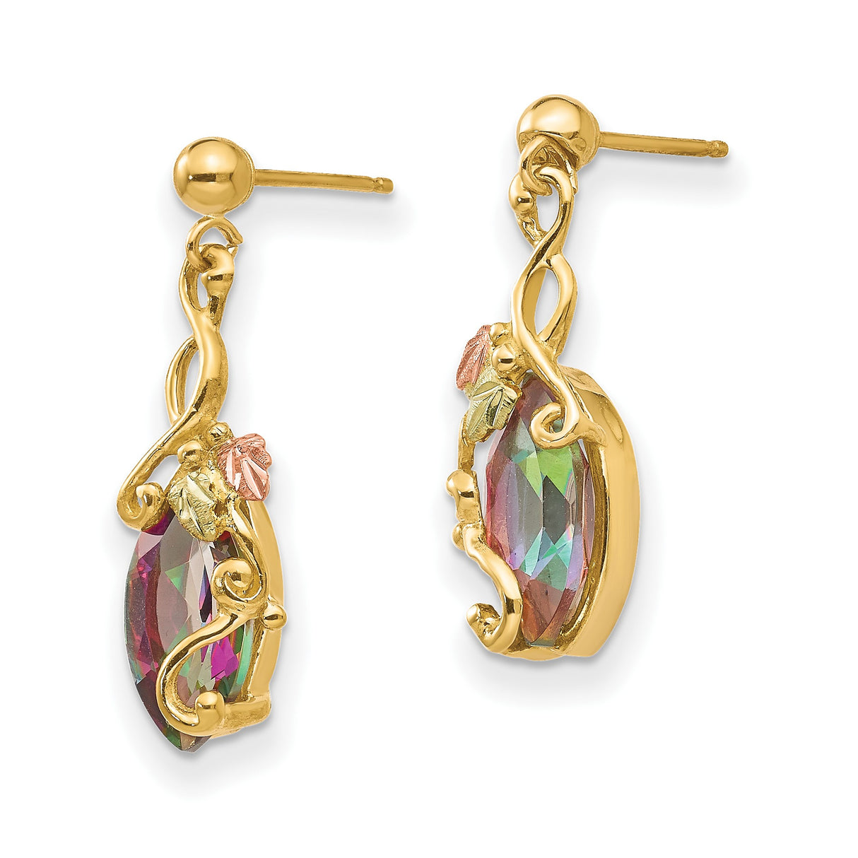 10k Yellow Gold Dangle Earrings with Marquise Mystic Fire Topaz, Swirl Motif, Tri-Color Leaf Accents