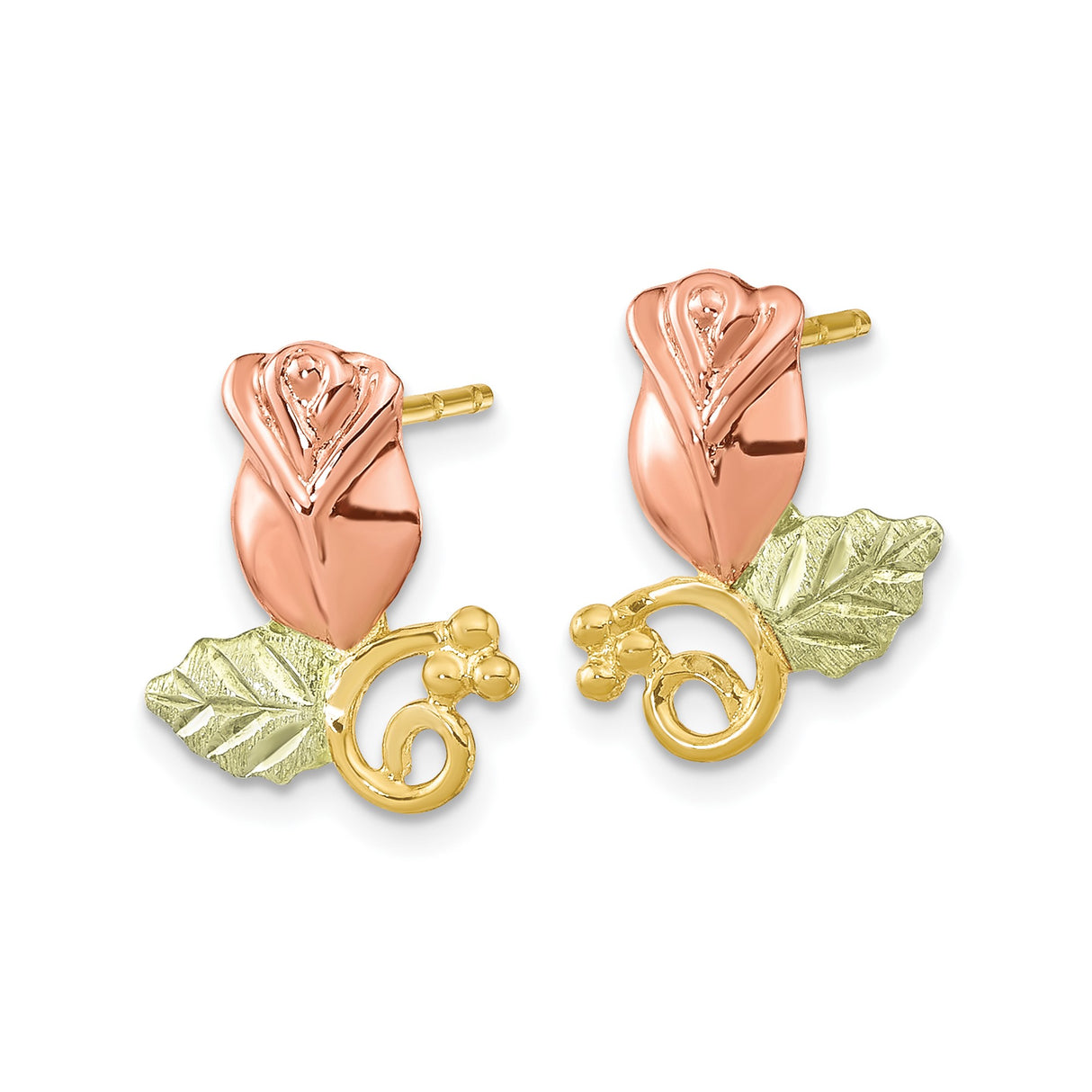 10k Yellow Gold Rosebud Stud Earrings, Tri-Color Botanical Floral Design for Women