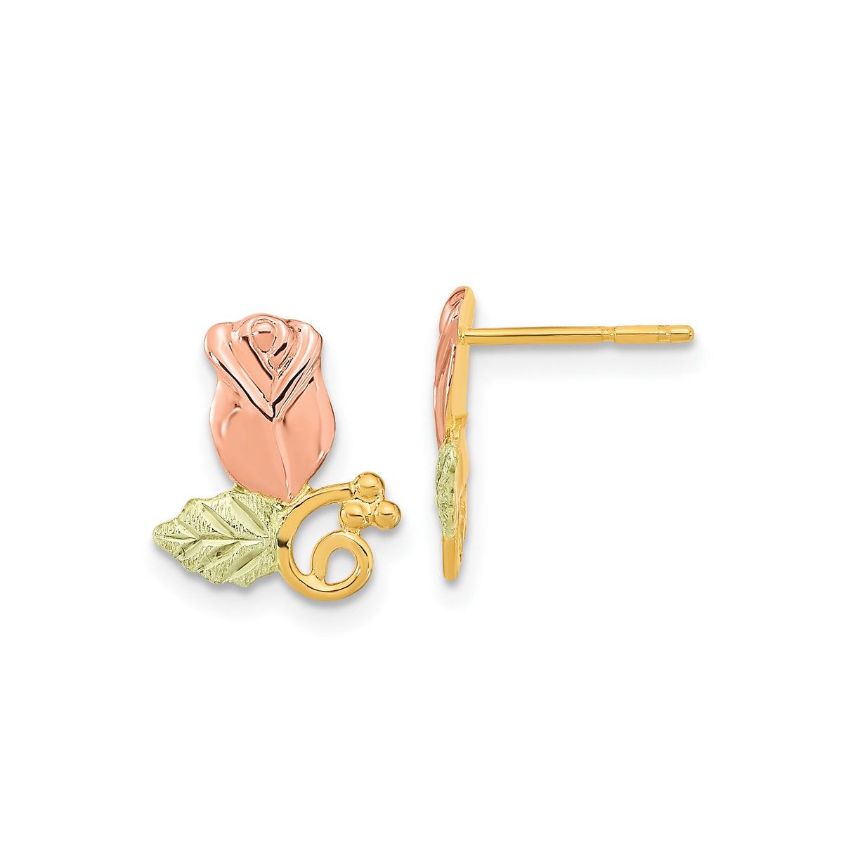 10k Yellow Gold Rosebud Stud Earrings, Tri-Color Botanical Floral Design for Women