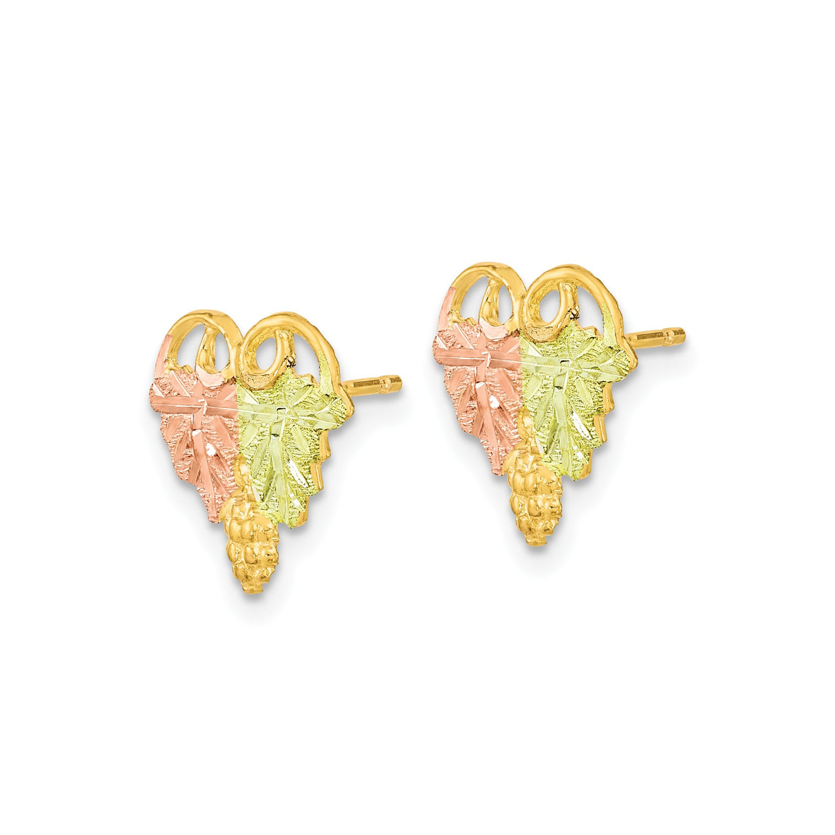10k Tri-Color Gold Stud Earrings with Grape Leaf Vine Botanical Design for Women