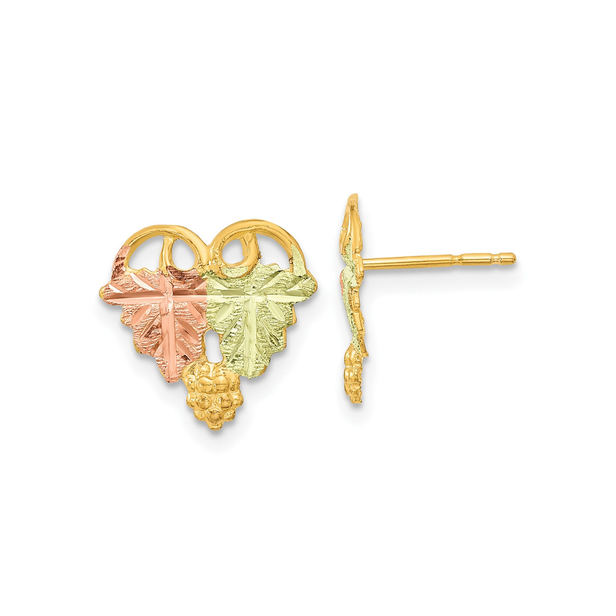 10k Tri-Color Gold Stud Earrings with Grape Leaf Vine Botanical Design for Women