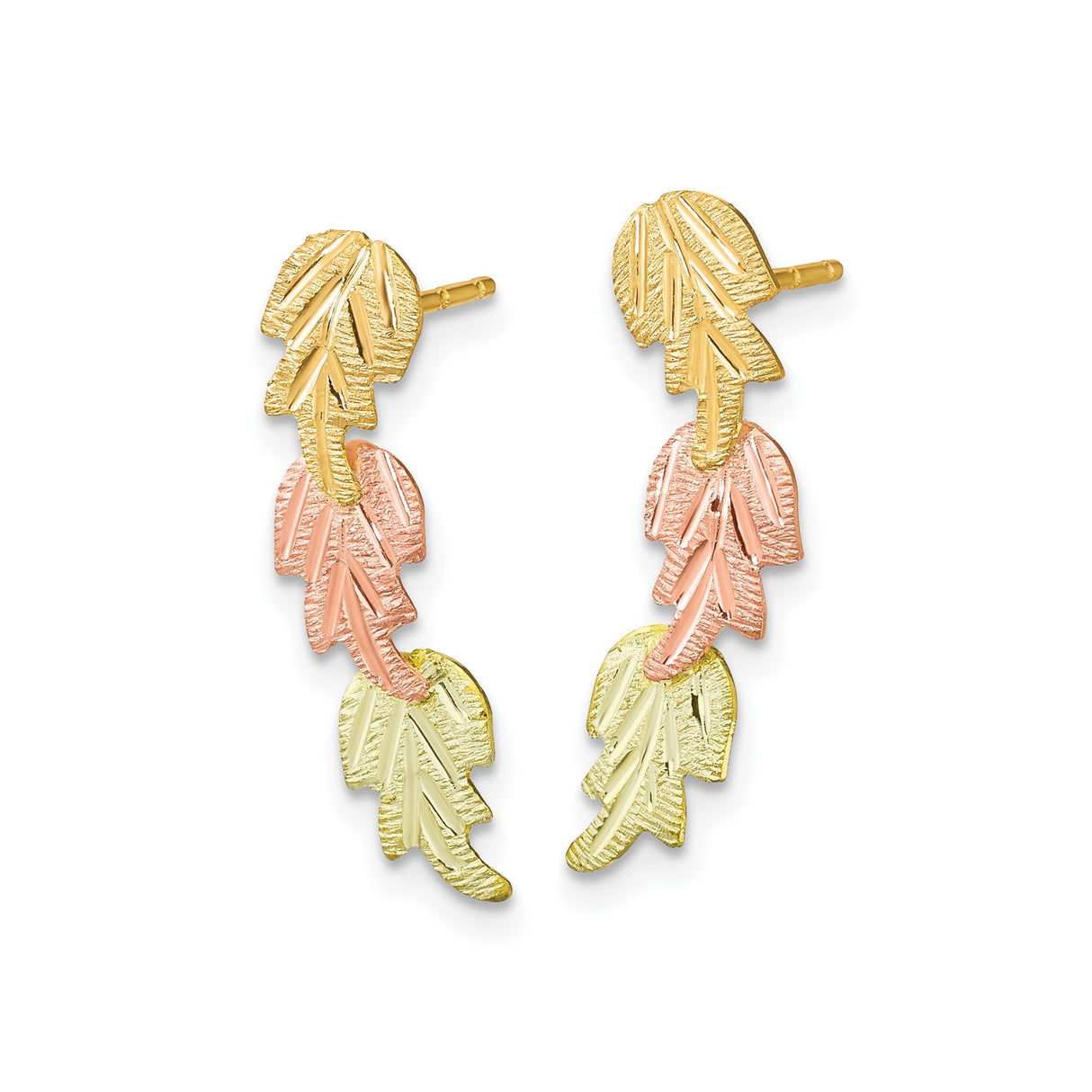 10k Tri-Color Gold Leaf Climber Earrings with Textured Yellow, White, and Rose Gold Leaves