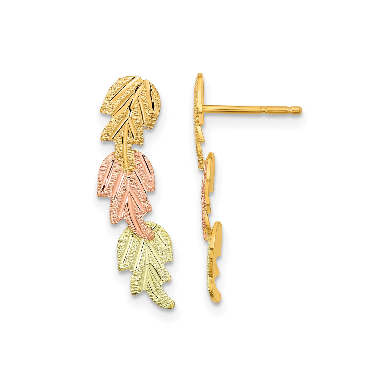 10k Tri-Color Gold Leaf Climber Earrings with Textured Yellow, White, and Rose Gold Leaves