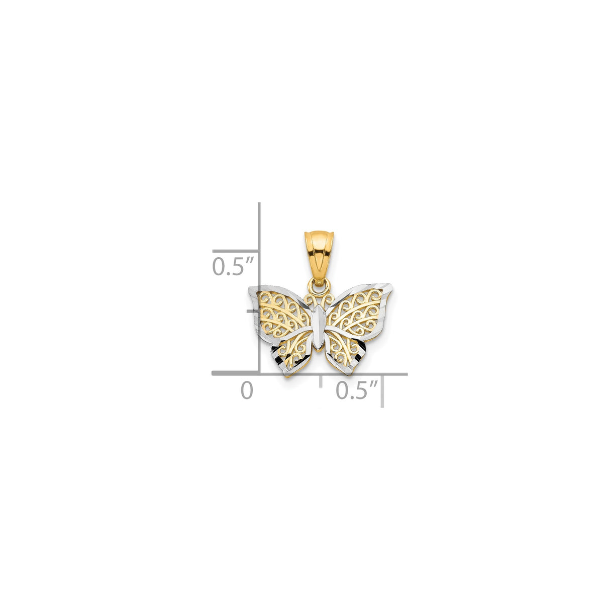 10k Multi-Tone Gold Butterfly Pendant with Rhodium Accents and Filigree Detailing