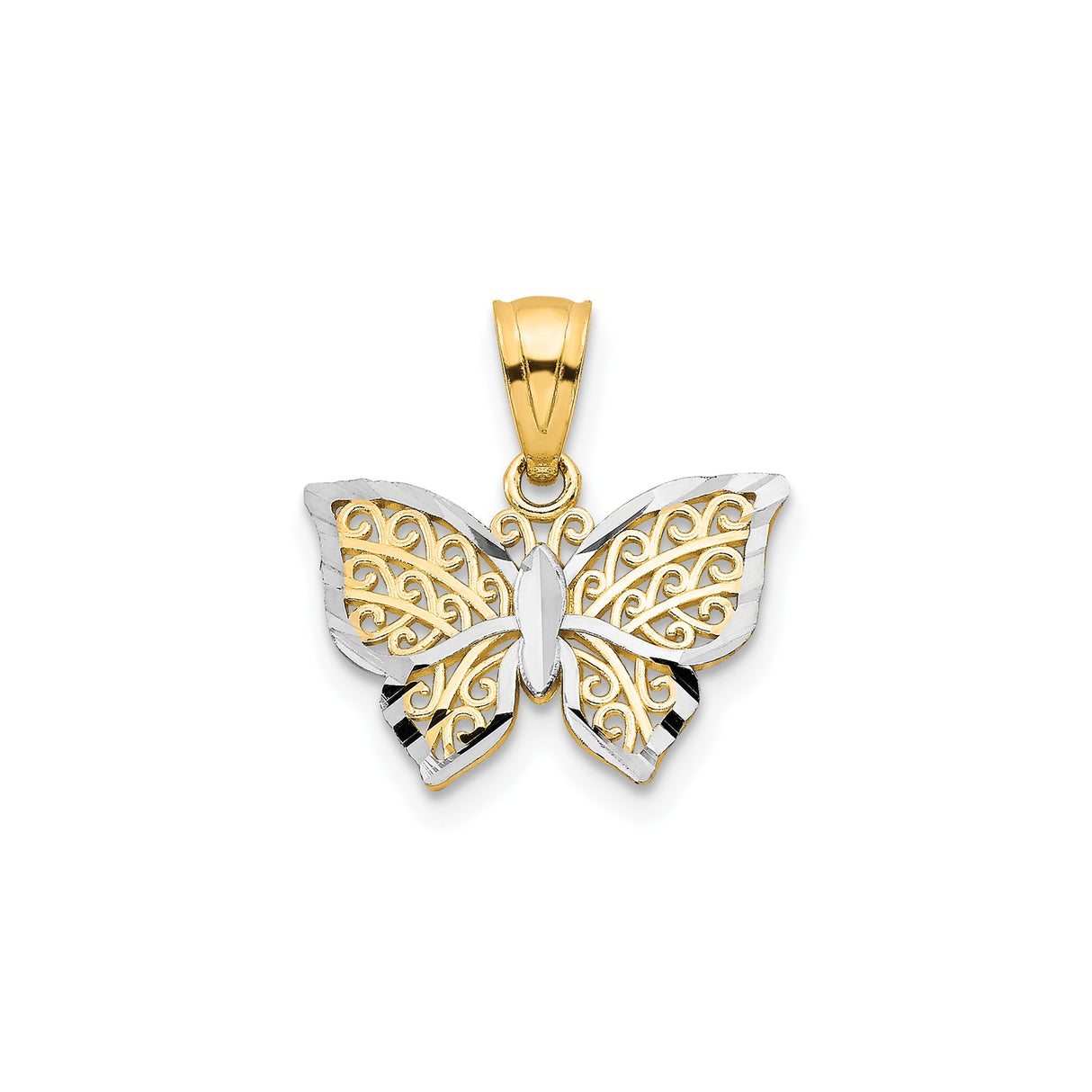 10k Multi-Tone Gold Butterfly Pendant with Rhodium Accents and Filigree Detailing