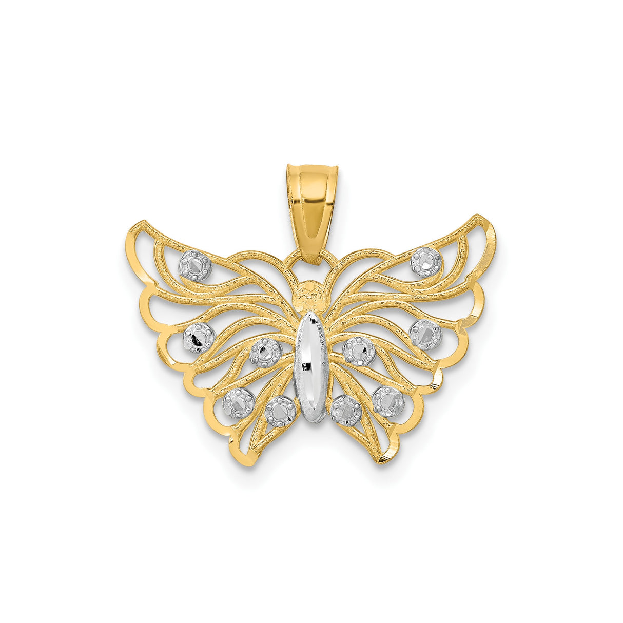 10k Yellow Gold and Rhodium Butterfly Pendant with Openwork Wings and White Accents