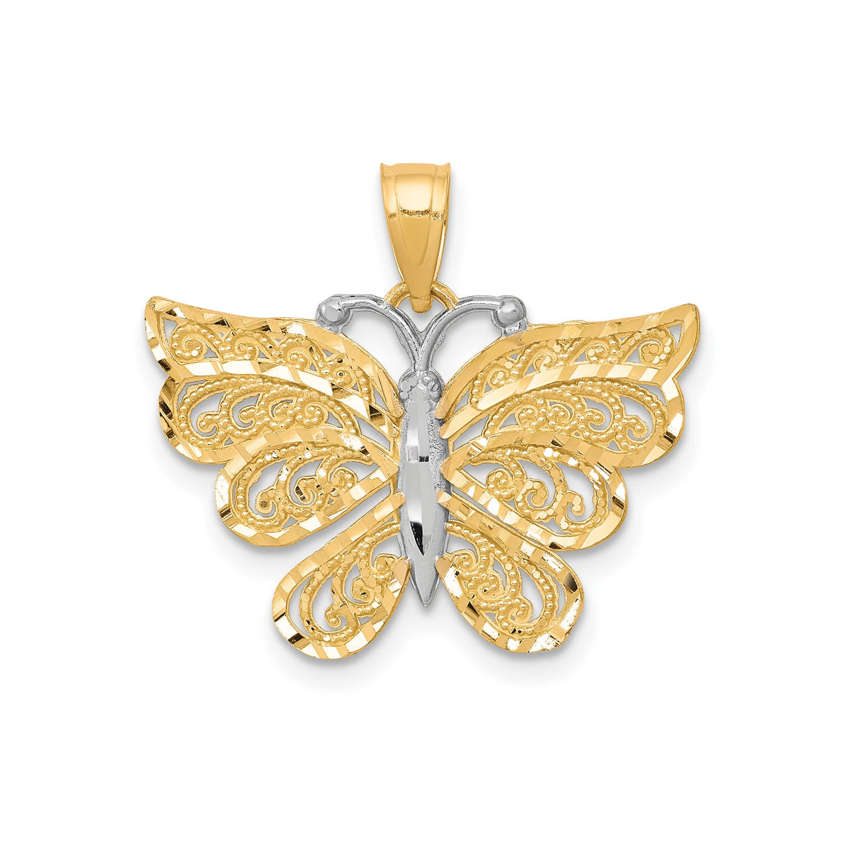 10k Multi-Tone Gold Pendant, Rhodium Butterfly Filigree Design, Nature-Inspired for Women