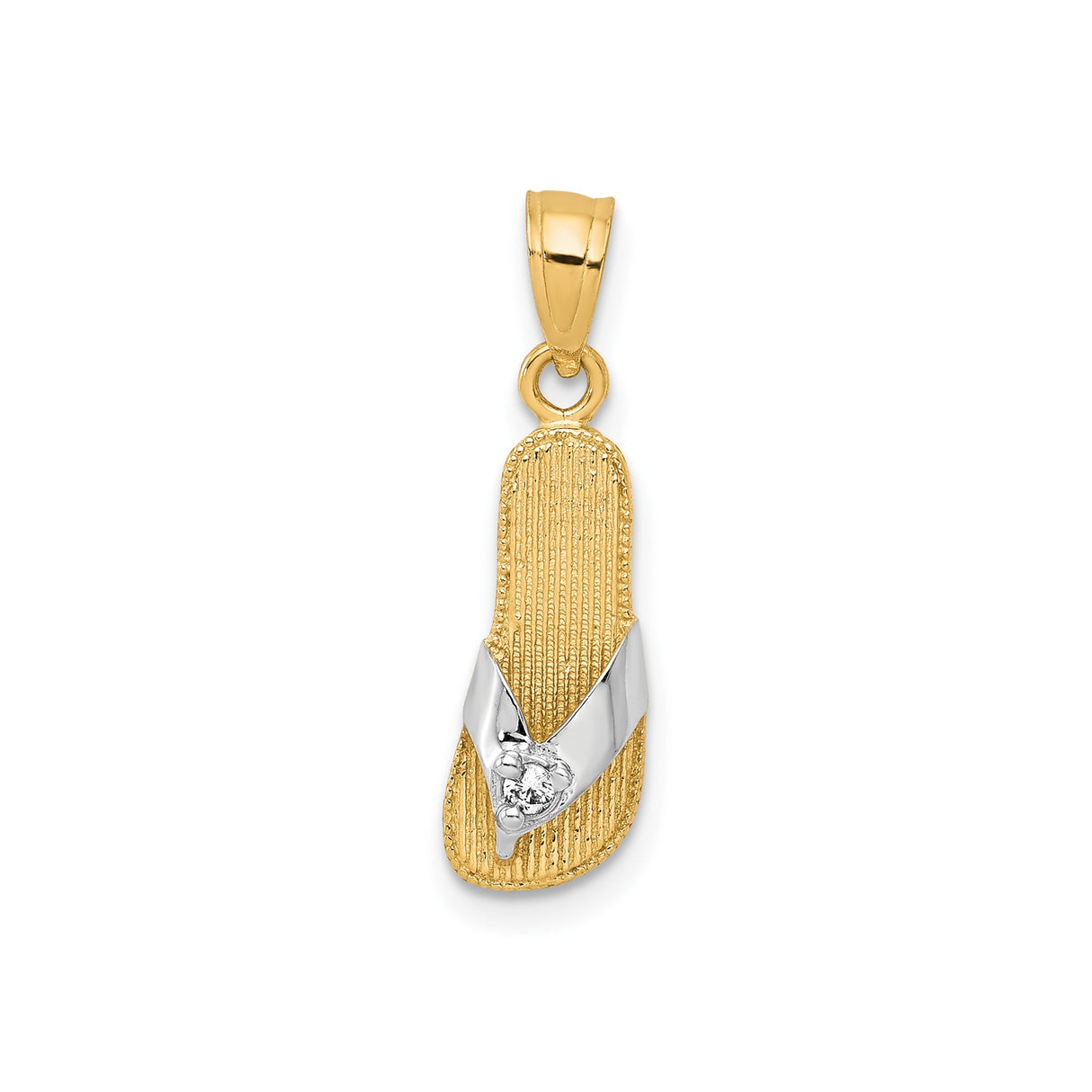 10k Yellow Gold and Rhodium Flip-Flop Pendant with Cubic Zirconia Flower Accent, Beach Theme