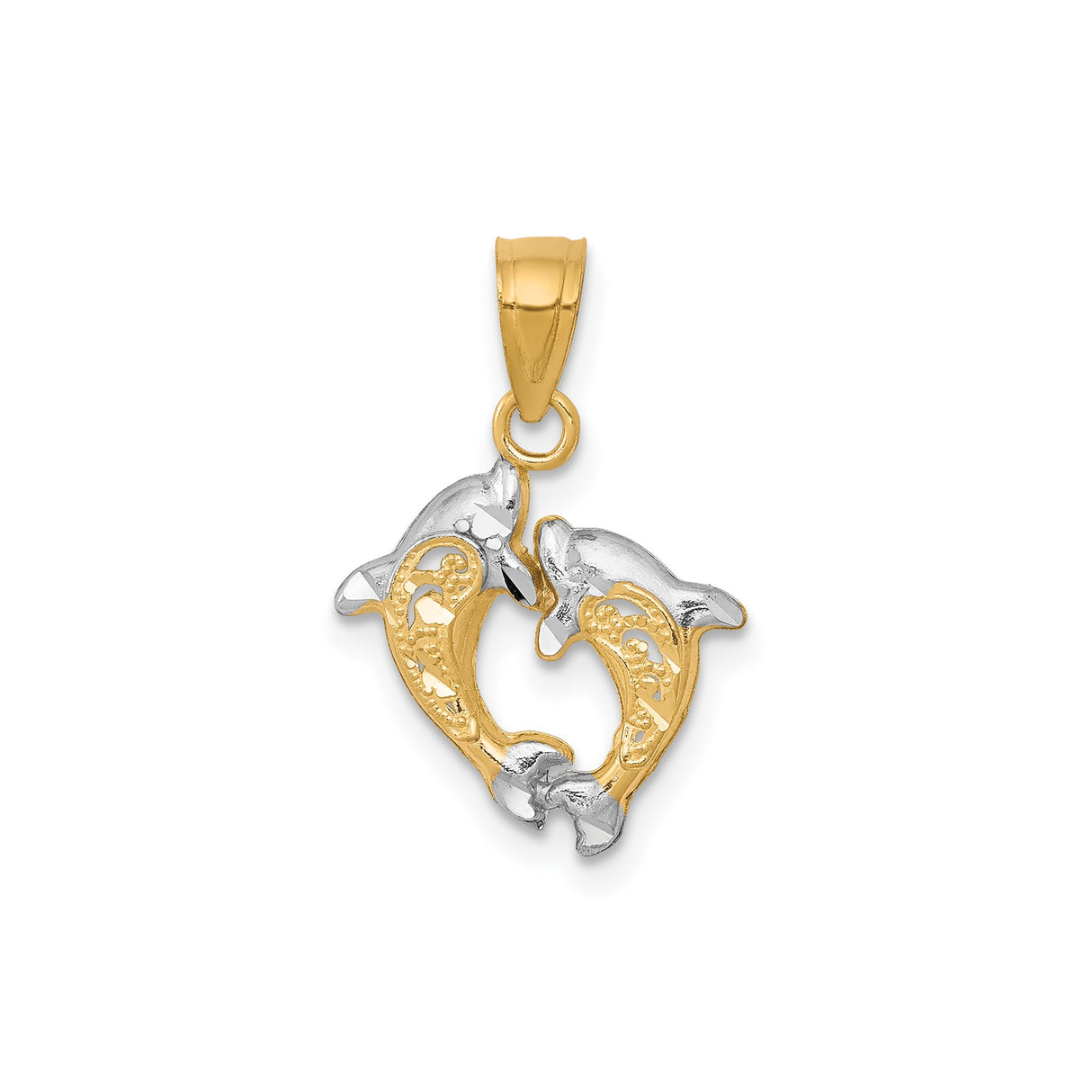 10k Multi-Tone Gold Dolphin Heart Pendant with Rhodium Accents and Filigree Detail
