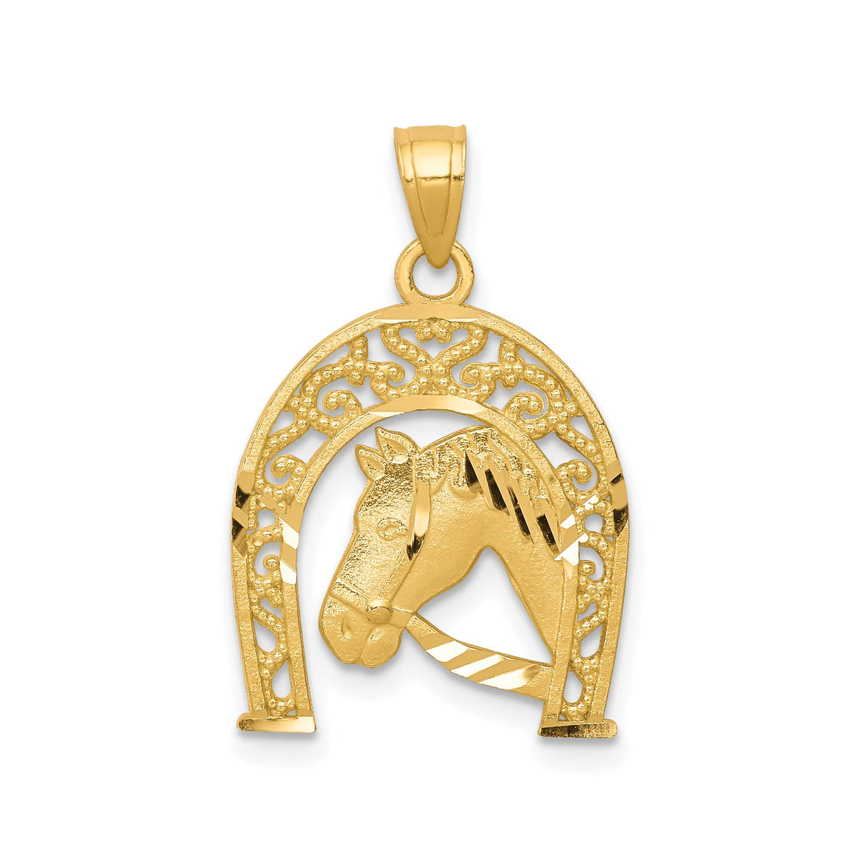 10k Yellow Gold Horse Head Pendant in Decorative Horseshoe Frame, Western Style