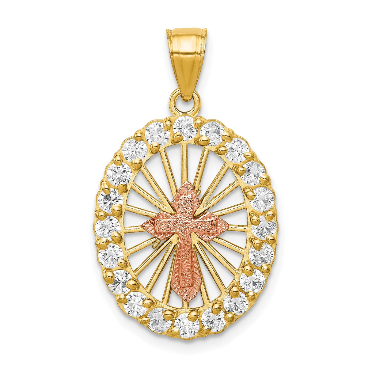 10k Two-Tone Gold Cross Pendant with Cubic Zirconia, Textured Finish, Spiritual Style