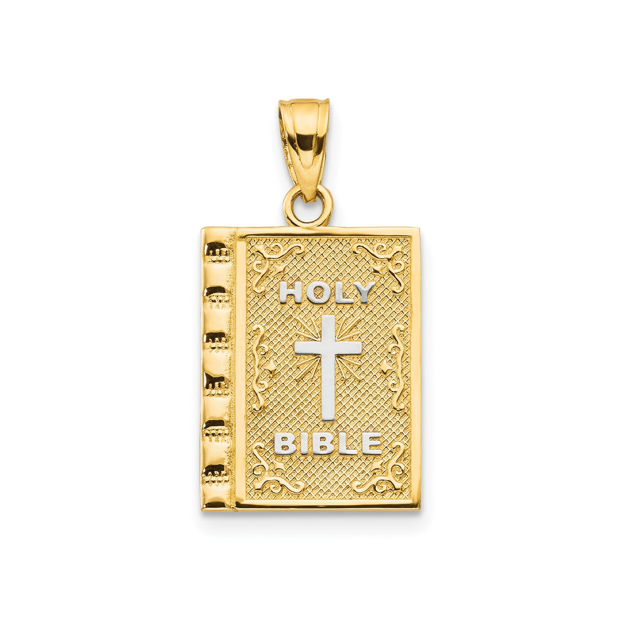 10k Multi-Tone Gold Holy Bible Pendant with Cross Scripture Symbol, Religious Christian Jewelry