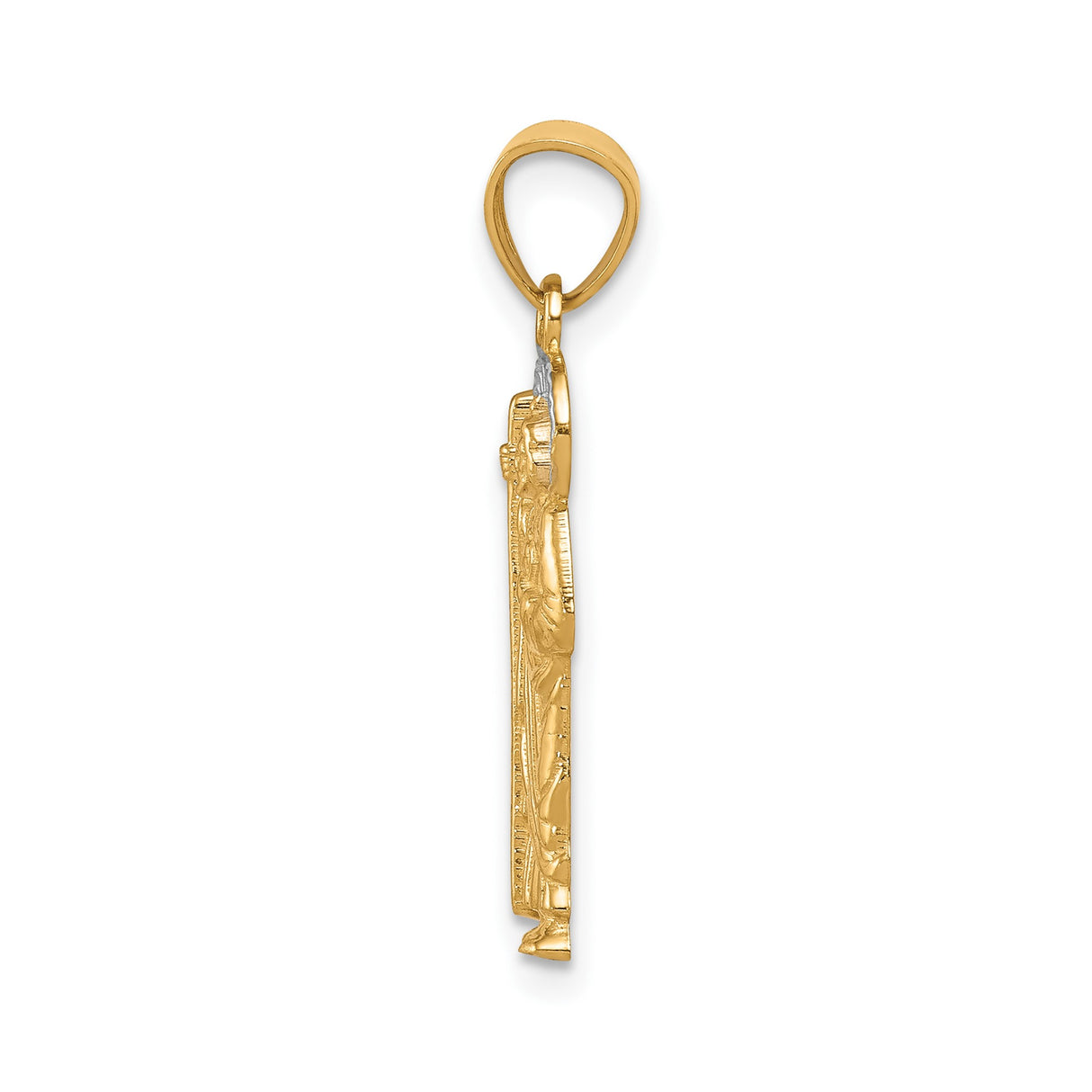 10k Multi-Tone Gold Saint Jude Pendant with Rhodium Finish, Detailed Staff and Halo Design