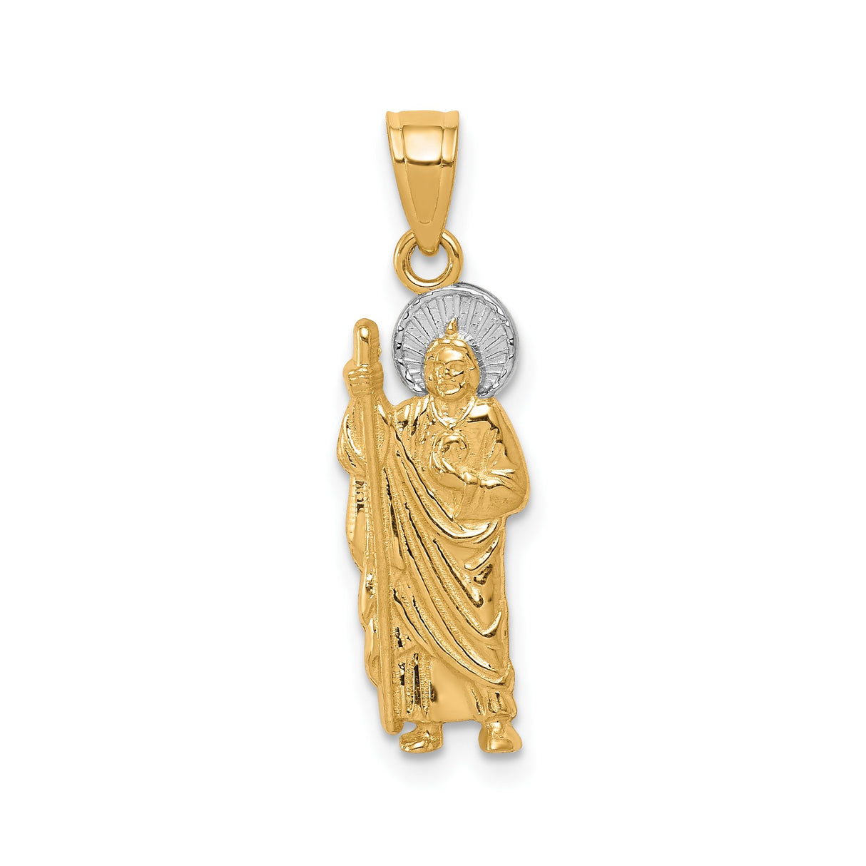 10k Multi-Tone Gold Saint Jude Pendant with Rhodium Finish, Detailed Staff and Halo Design