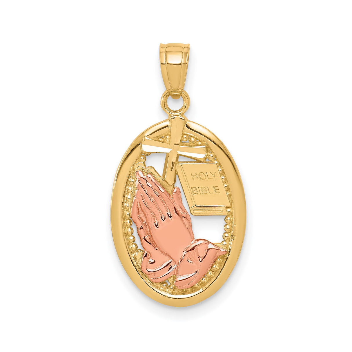 10k Two-Tone Gold Oval Pendant with Praying Hands, Cross and Bible