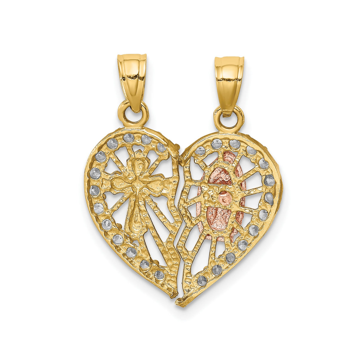 10k Two-Tone Gold Heart Pendant with Virgin Mary, Cross, and Cubic Zirconia