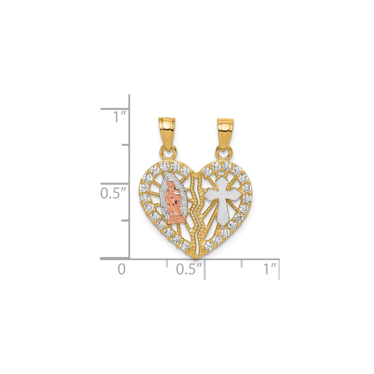 10k Two-Tone Gold Heart Pendant with Virgin Mary, Cross, and Cubic Zirconia