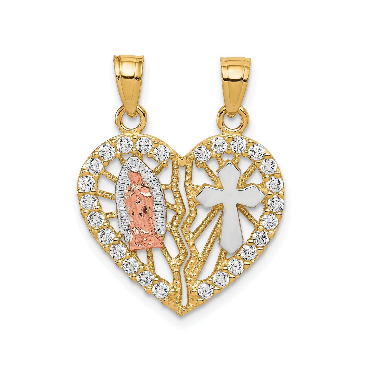 10k Two-Tone Gold Heart Pendant with Virgin Mary, Cross, and Cubic Zirconia
